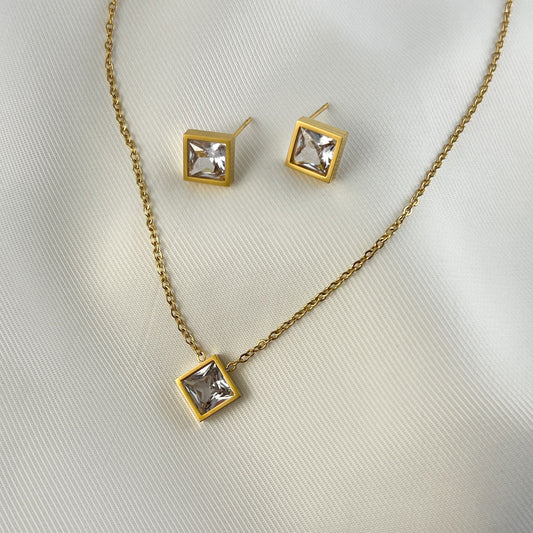 Set arete y collar acero inoxidable cristal rombo