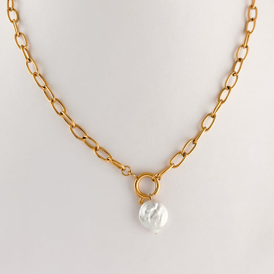 Collar acero inoxidable cadena dije de perla natural broche marino dorado 48 cm
