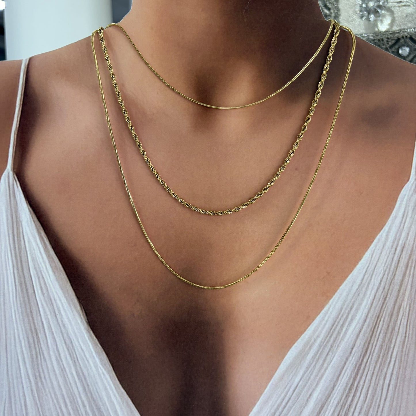 Collar triple acero inoxidable dorado cola de ratón / torsal