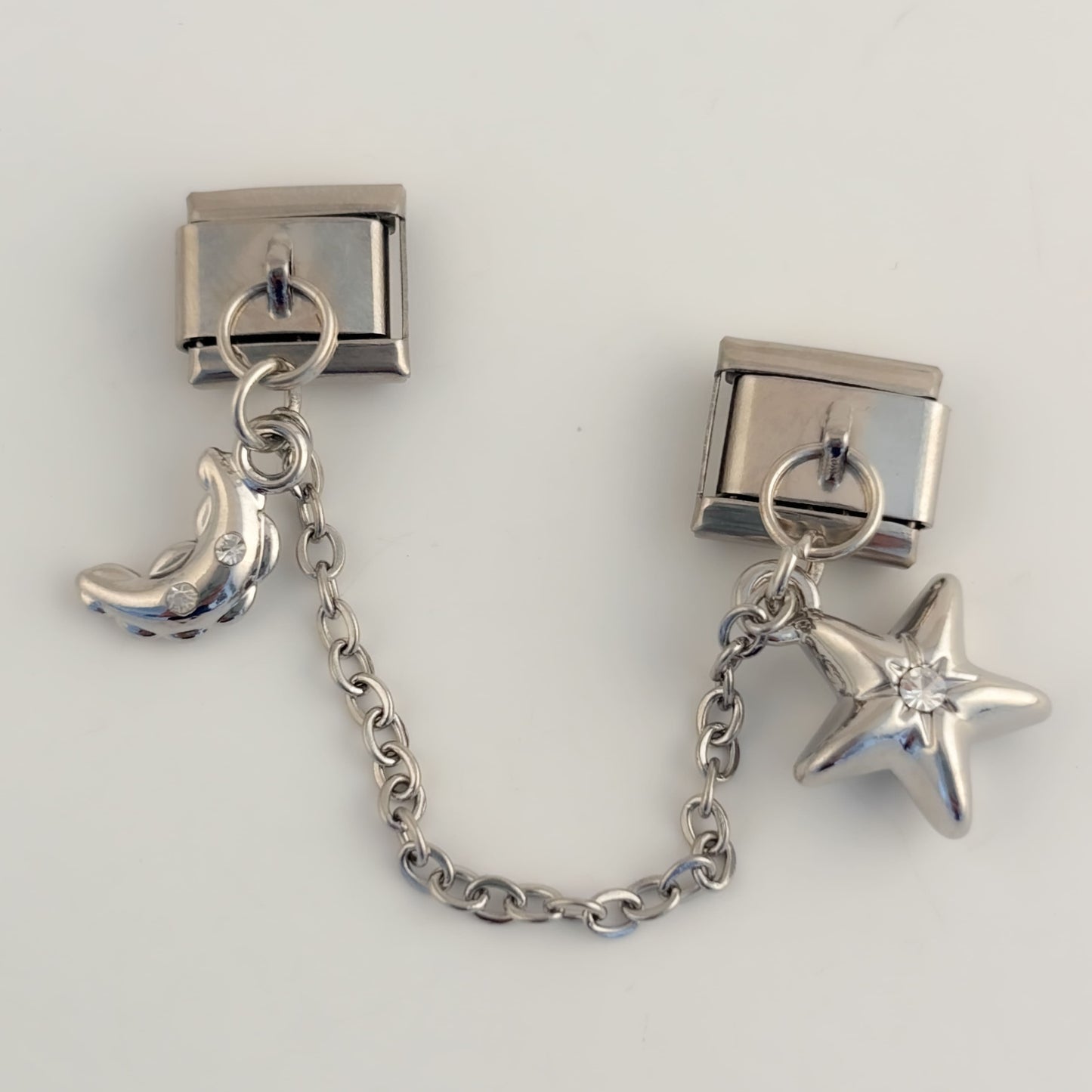 Charm doble con cadena para pulsera italiana plateado luna y estrella con cristal