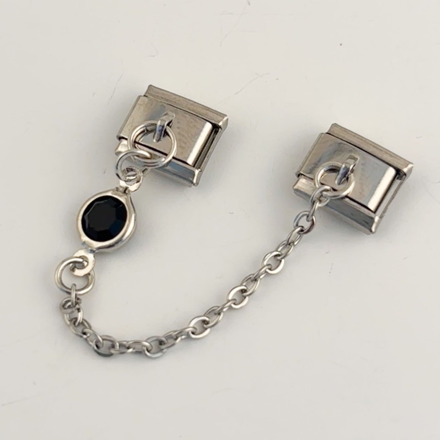 Charm doble con cadena para pulsera italiana plateado cristal negro