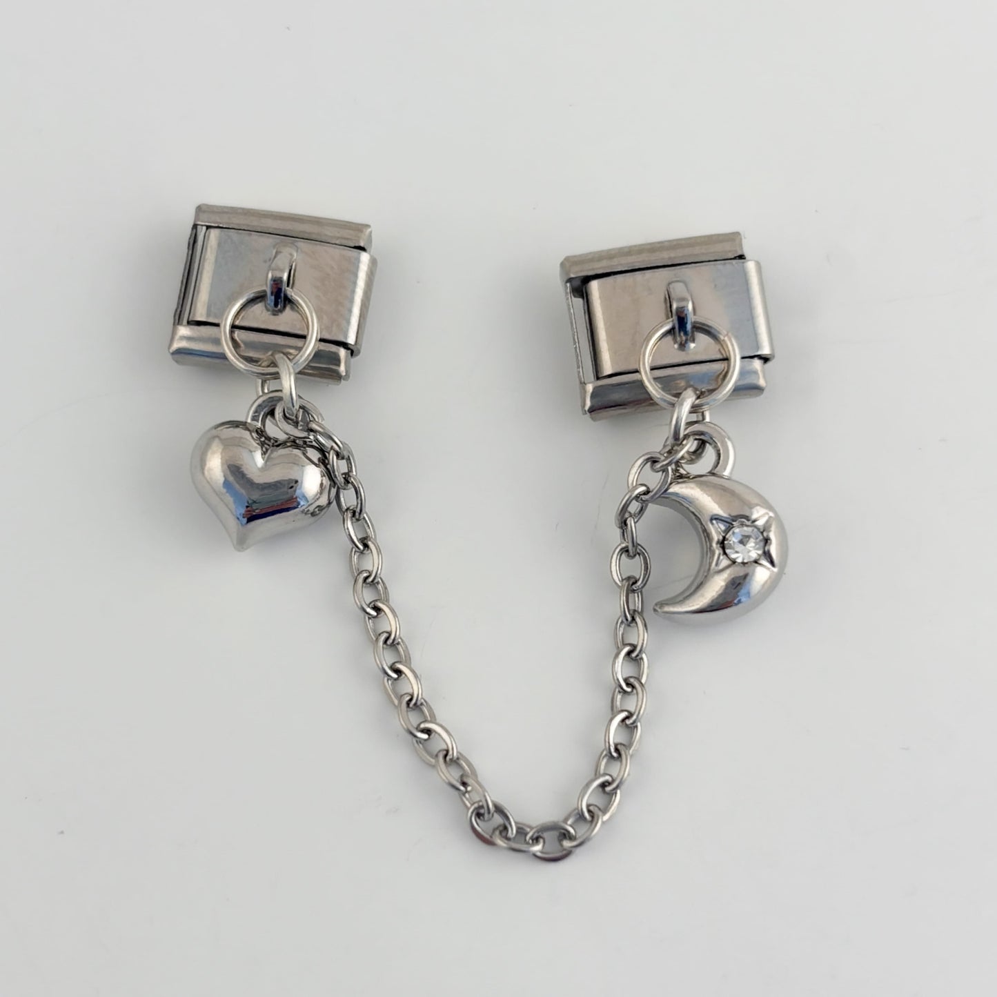 Charm doble con cadena para pulsera italiana plateado corazon y luna con cristal