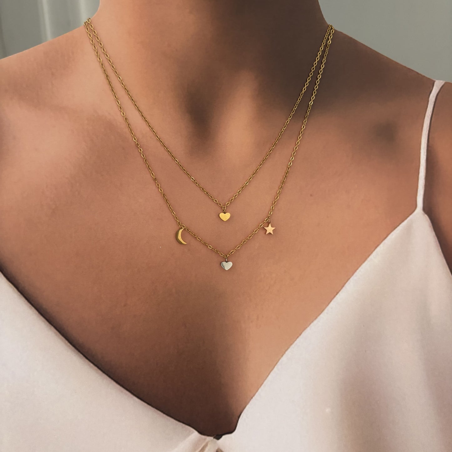 Set aretes y collar doble acero corazón luna estrella tricolor