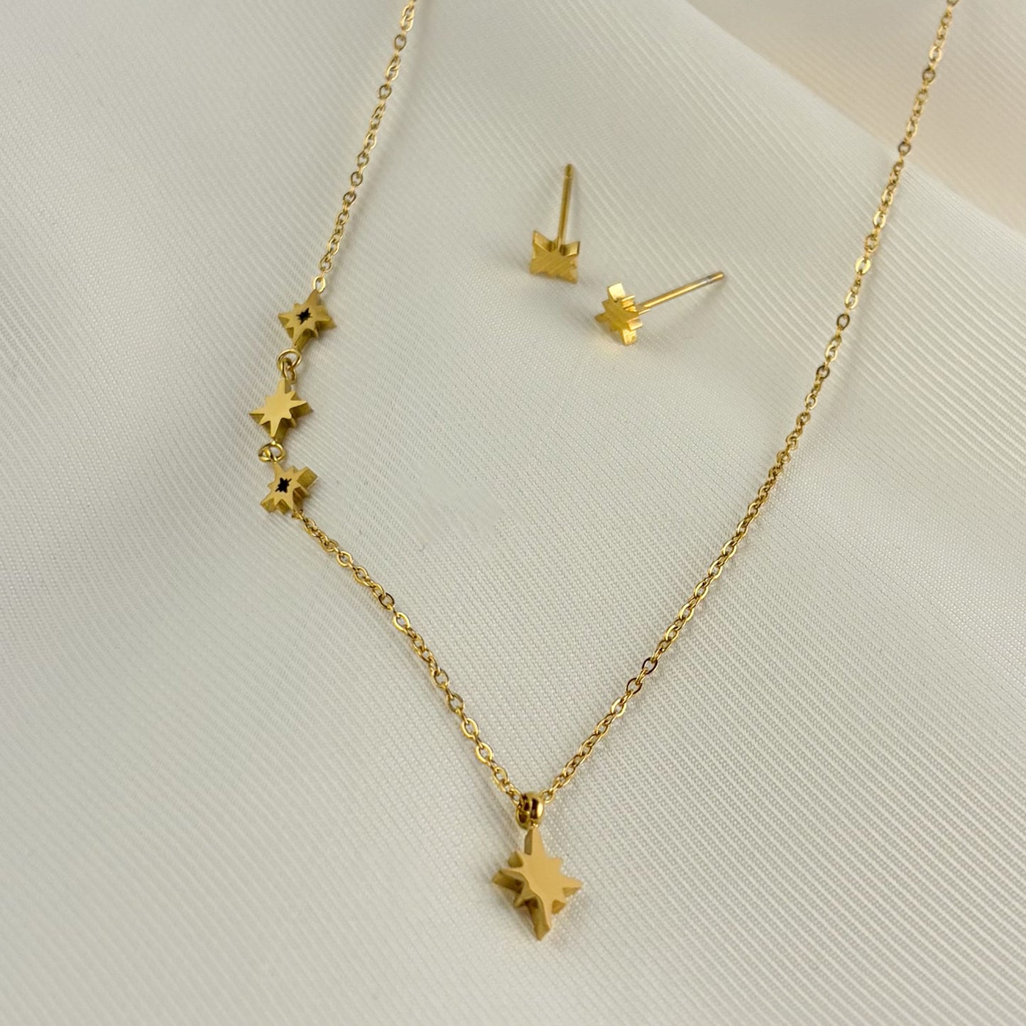 Set collar aretes acero inoxidable estrellas destello dorado