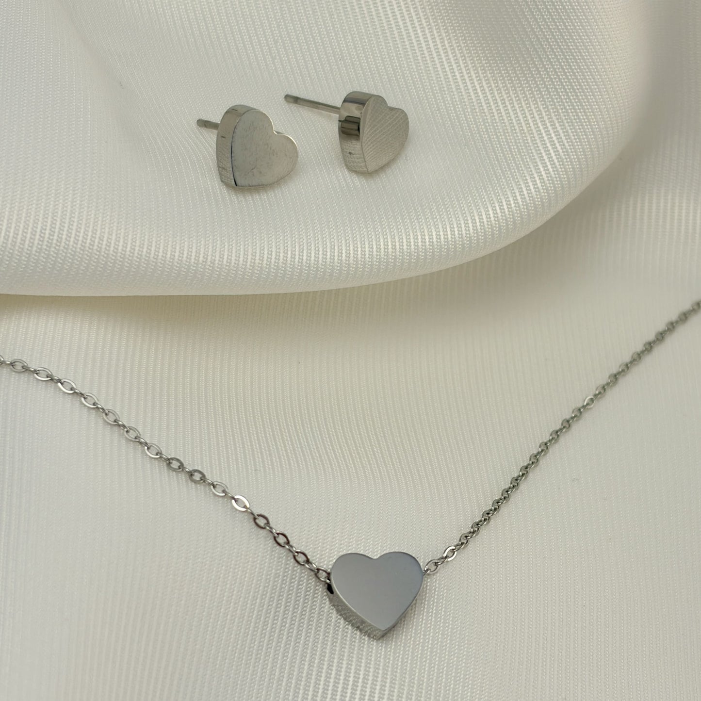 Set aretes y collar corazón liso acero inoxidable