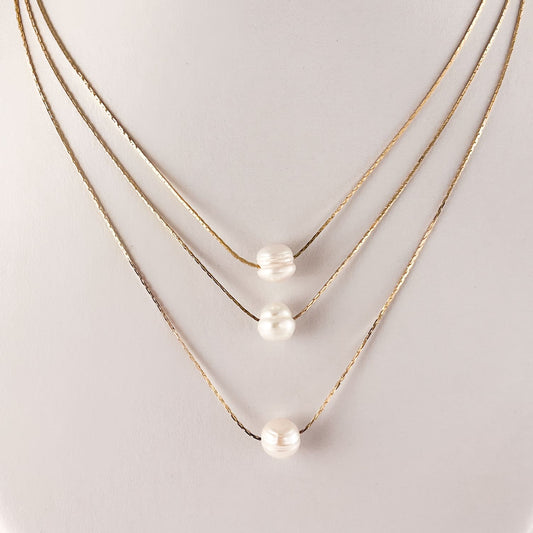 Collar triple perla natural chapa de oro