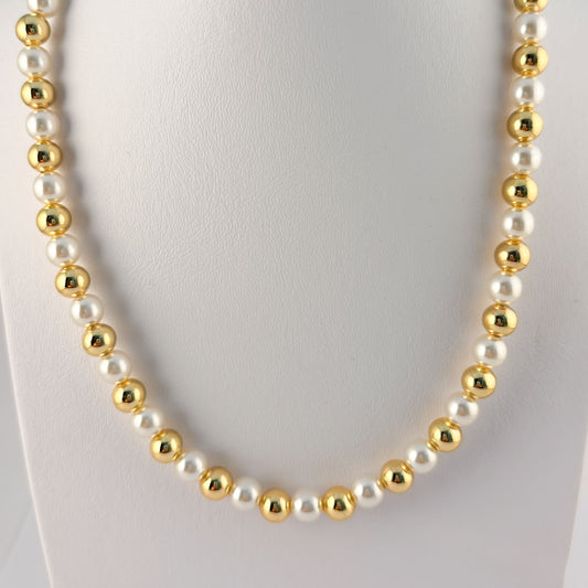 Collar perla sintética bola dorada chapa de oro grande 7 mm