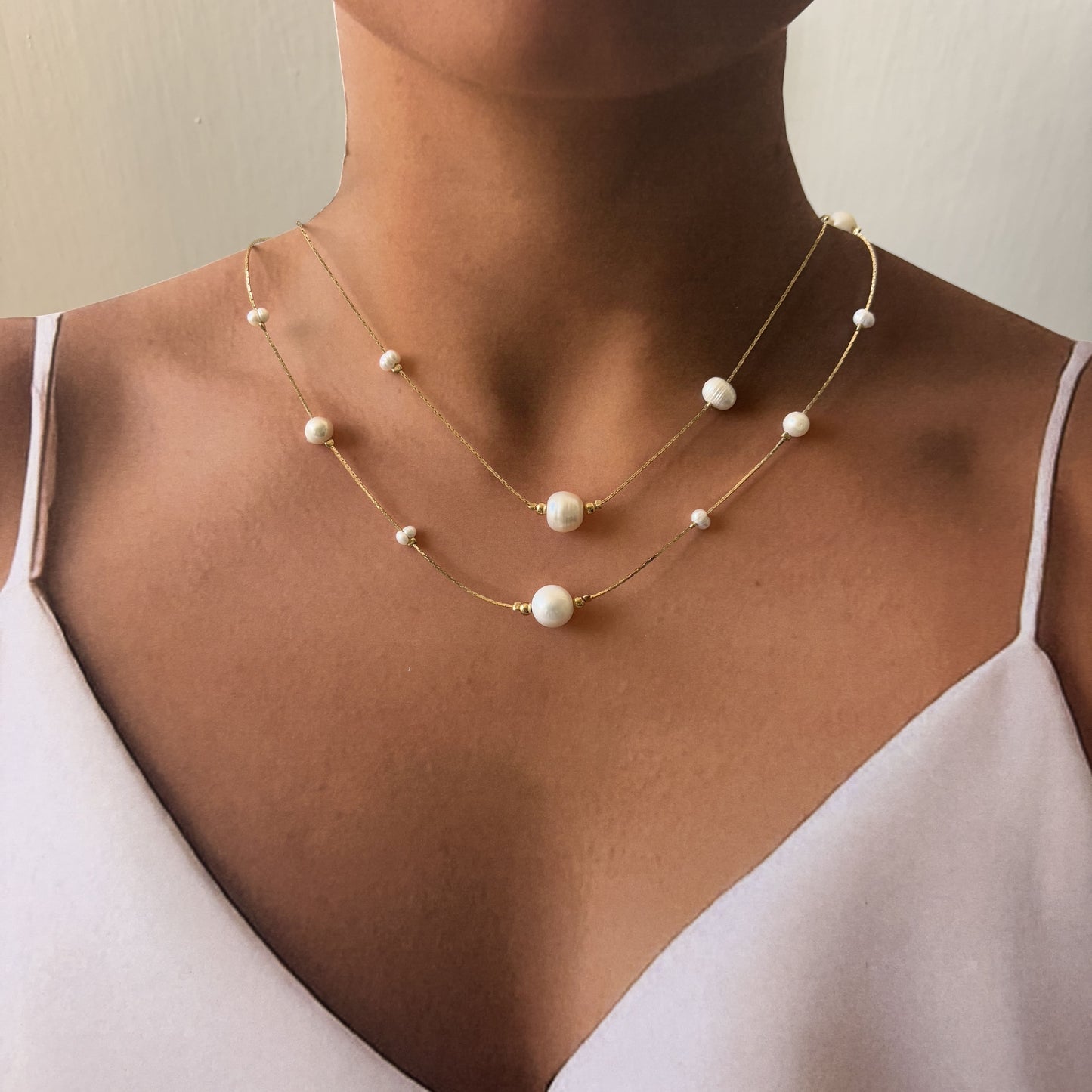 Collar doble perlas separadas chapa de oro perla natural