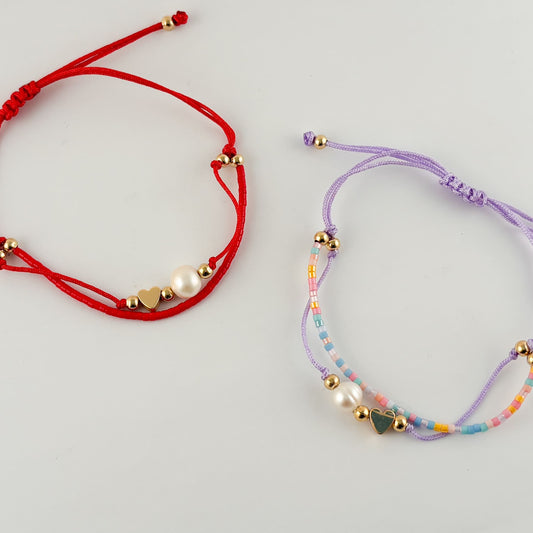 Pulsera doble hilo ajustable perla natural corazón miyuki chapa de oro ¡Elige el color!