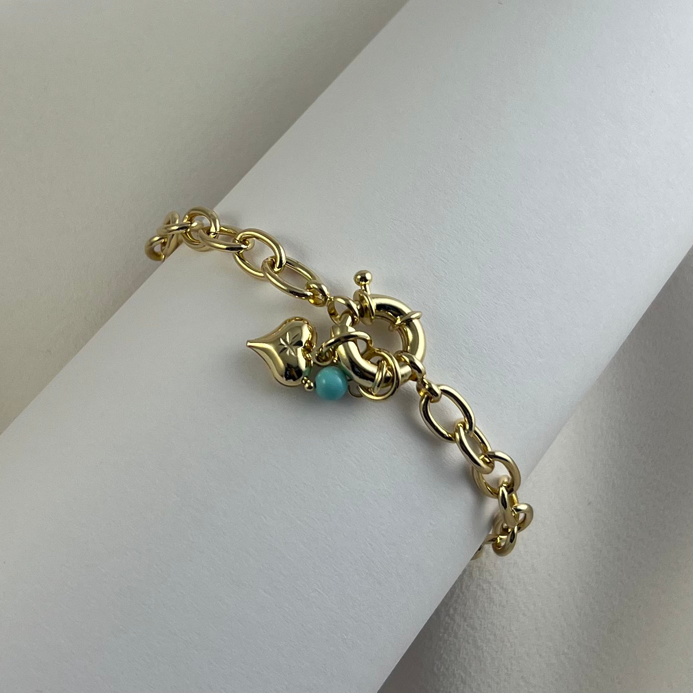 Pulsera cadena broche marino dije corazón bola azul