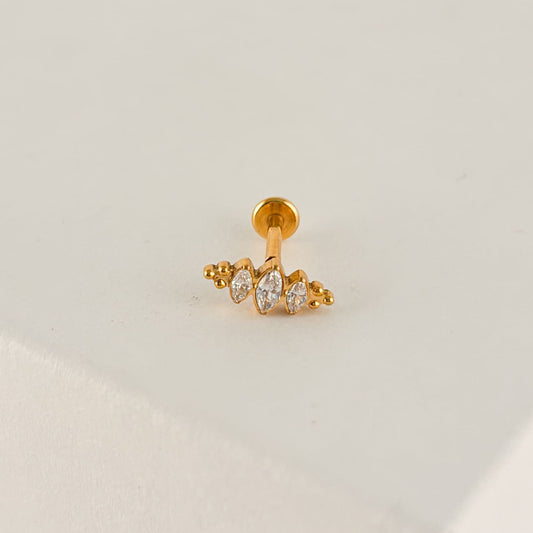 Piercing acero quirúrgico 316L tres zirconias boho dorado