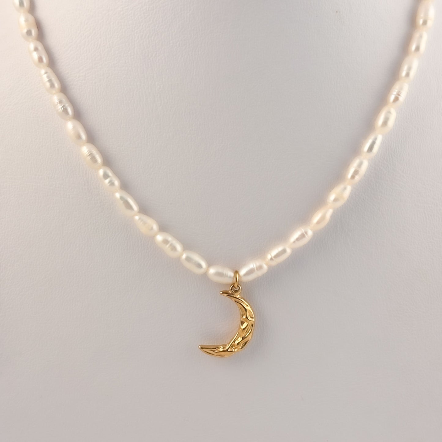 Collar perla natural dije luna acero premium