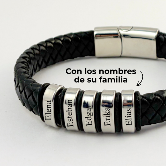 Pulsera tipo piel acero inoxidable con nombres de hijos grabados -Regalo día del padre