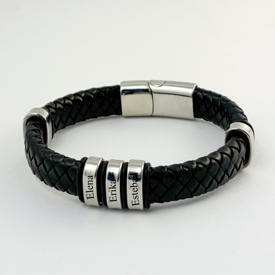 Pulsera tipo piel acero inoxidable con nombres de hijos grabados -Regalo día del padre