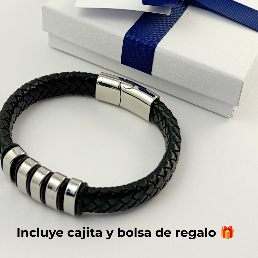 Pulsera tipo piel acero inoxidable con nombres de hijos grabados -Regalo día del padre