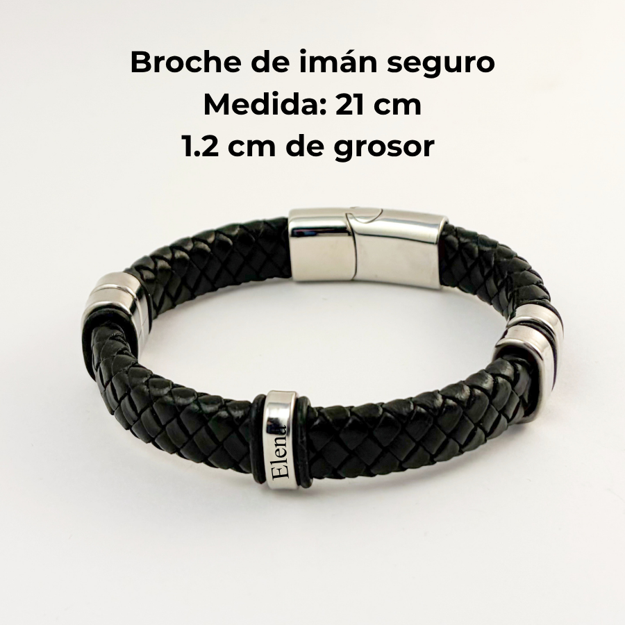 Pulsera tipo piel acero inoxidable con nombres de hijos grabados -Regalo día del padre