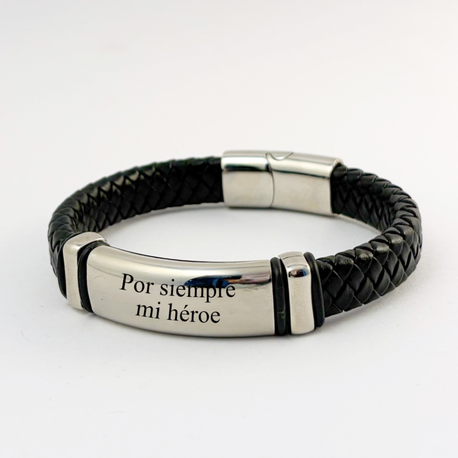 Pulsera tipo piel acero inoxidable placa gruesa con grabado láser -Regalo día del padre