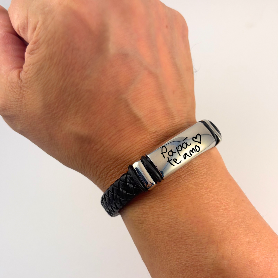 Pulsera tipo piel acero inoxidable placa gruesa con grabado láser -Regalo día del padre