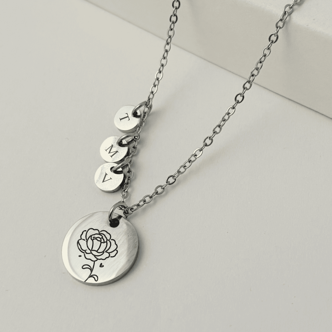 Collar flor de nacimiento monedas con iniciales de hijos regalo día de las madres