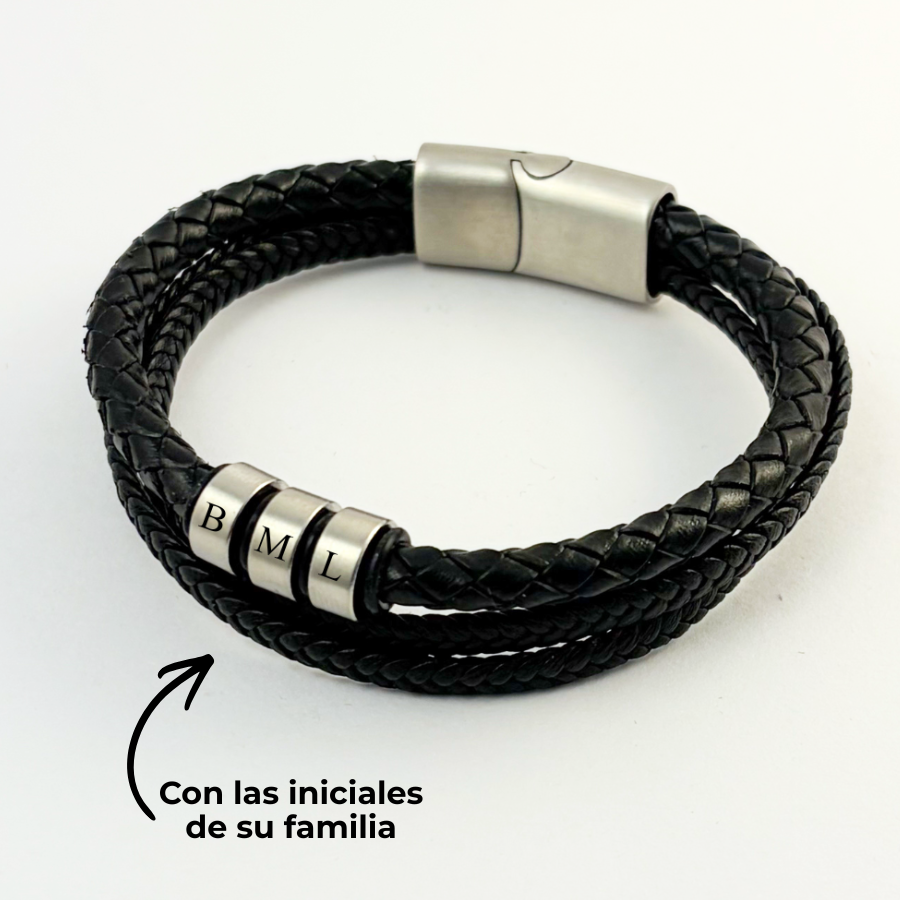 Pulsera tipo piel para hombre aros iniciales grabado láser -Regalo día del padre