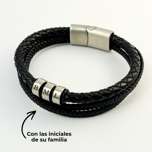 Pulsera tipo piel para hombre aros iniciales grabado láser -Regalo día del padre
