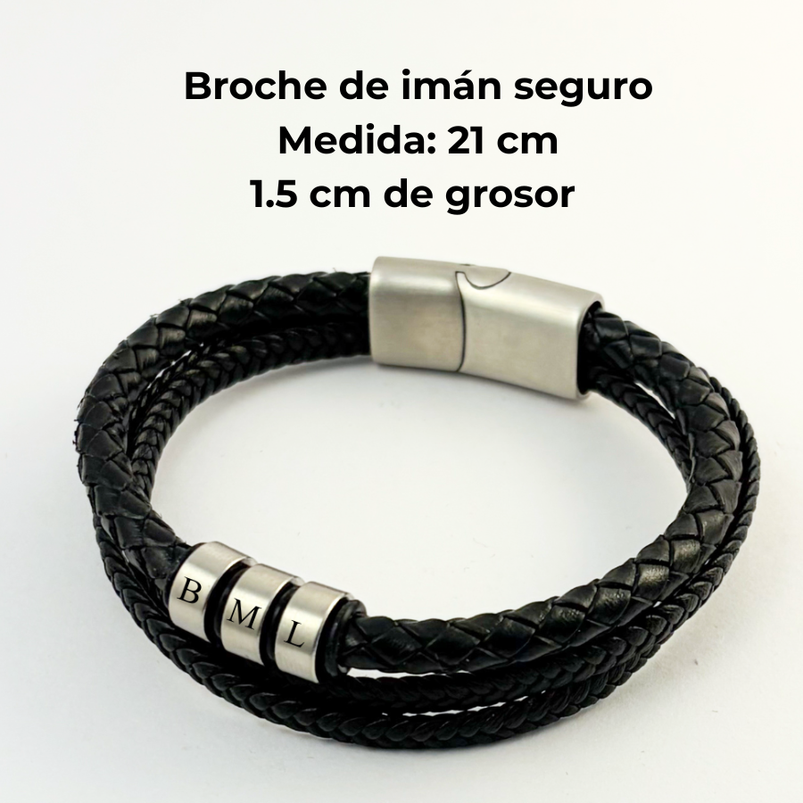 Pulsera tipo piel para hombre aros iniciales grabado láser -Regalo día del padre