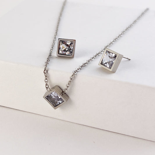 Set arete y collar acero inoxidable cristal rombo