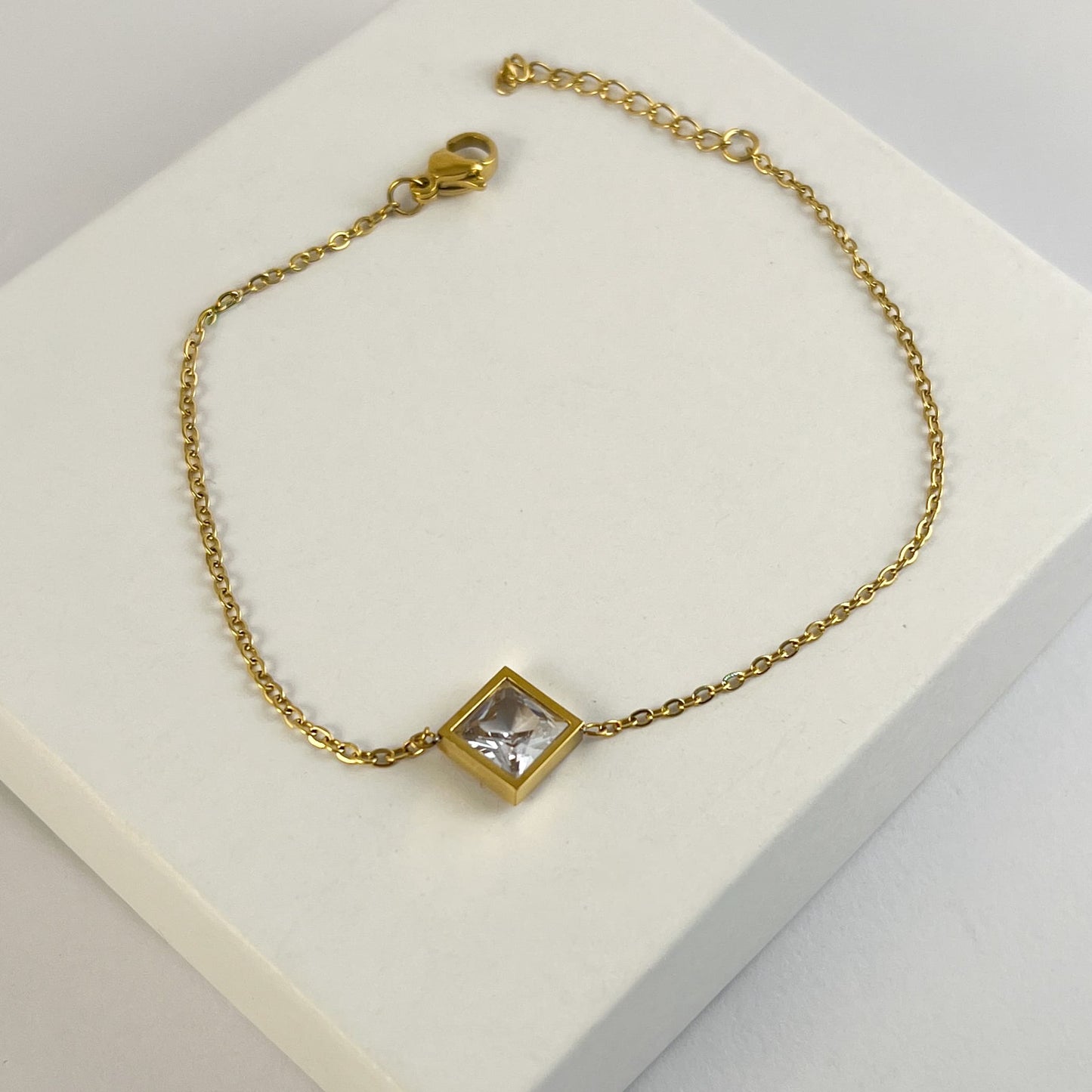 Pulsera acero inoxidable cadena cristal rombo 17 + 3 cm