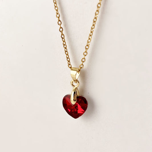 Collar dije corazón de cristal color rojo chapa de oro cadena acero inoxidable