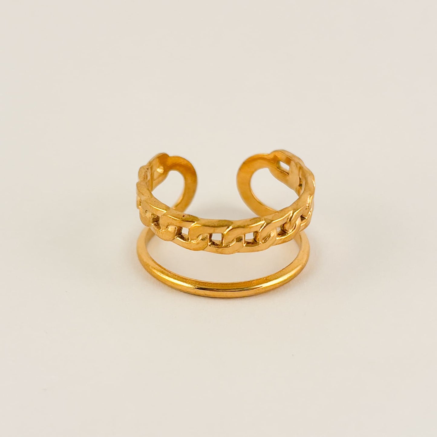 Anillo acero inoxidable ajustable doble liso y cadena dorado