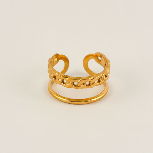 Anillo acero inoxidable ajustable doble liso y cadena dorado