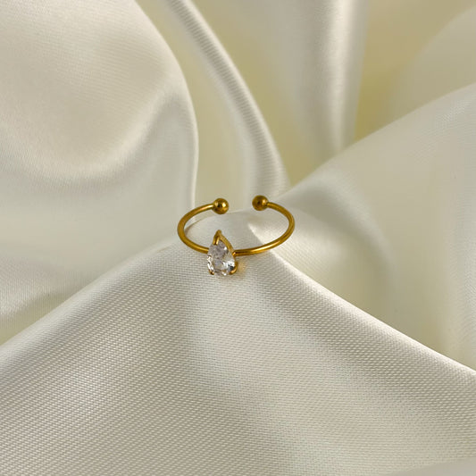 Anillo delgado acero inoxidable dorado gota cristal
