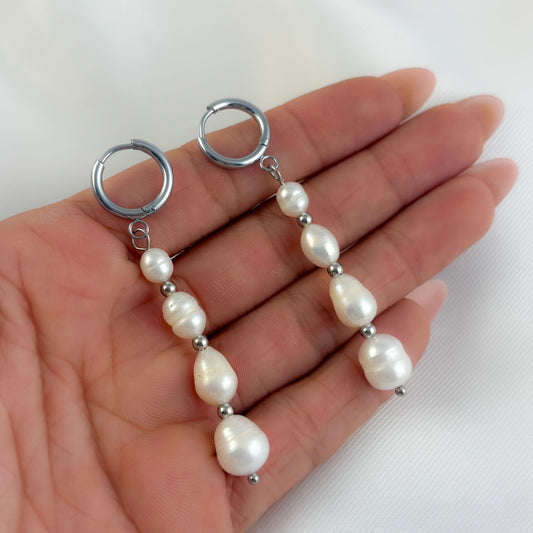 Aretes largos acero inoxidable con perlas naturales