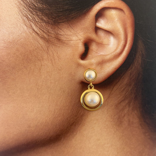 Aretes perla acero inoxidable doble y bisel dorado