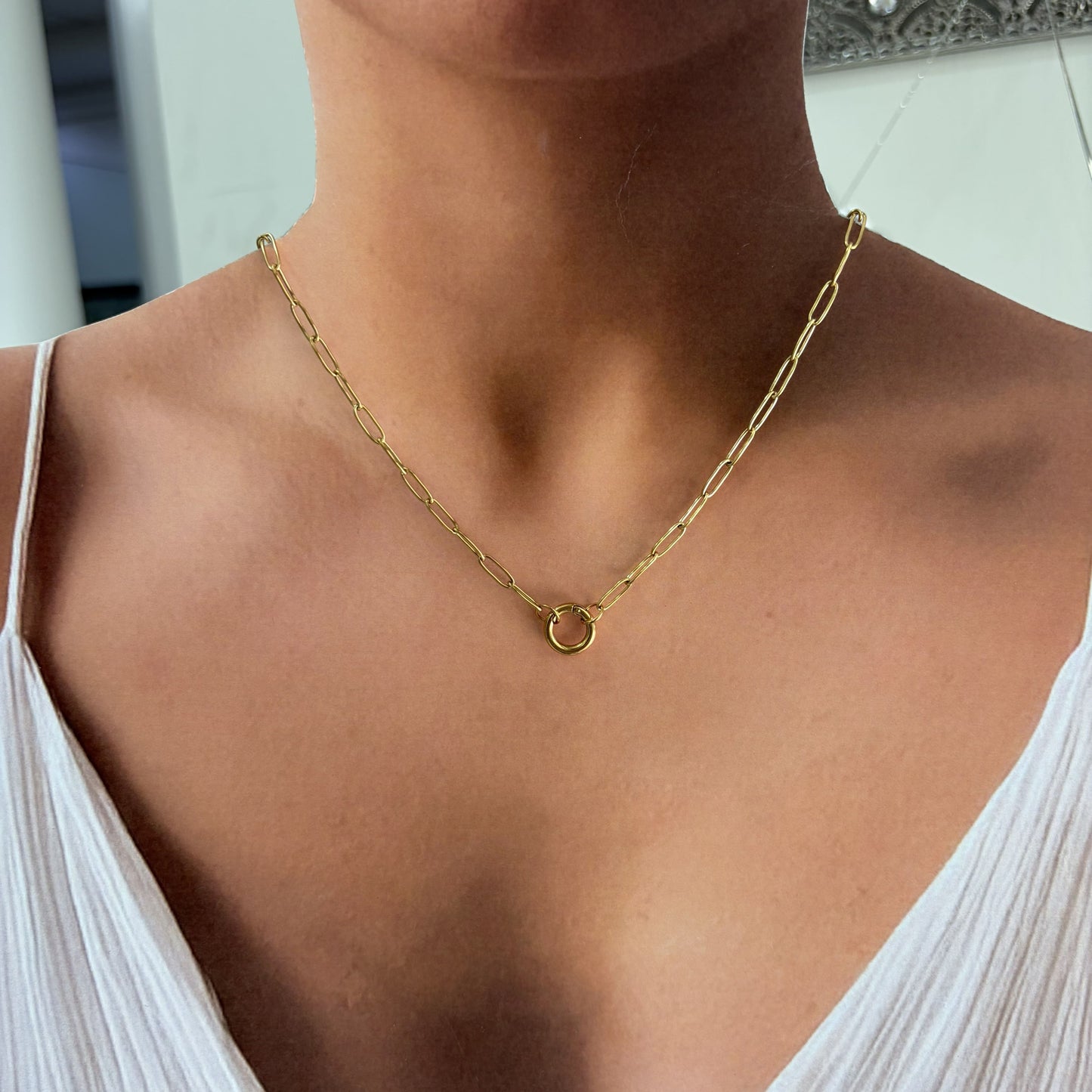 Collar cadena acero inoxidable clip broche circular dorado