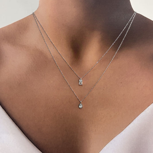 Collar doble acero inoxidable dije gota y rectángulo zirconia