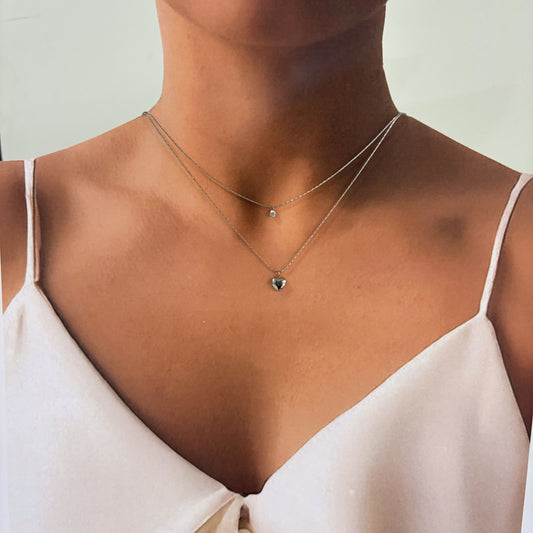 Collar doble dije corazón zirconia acero inoxidable