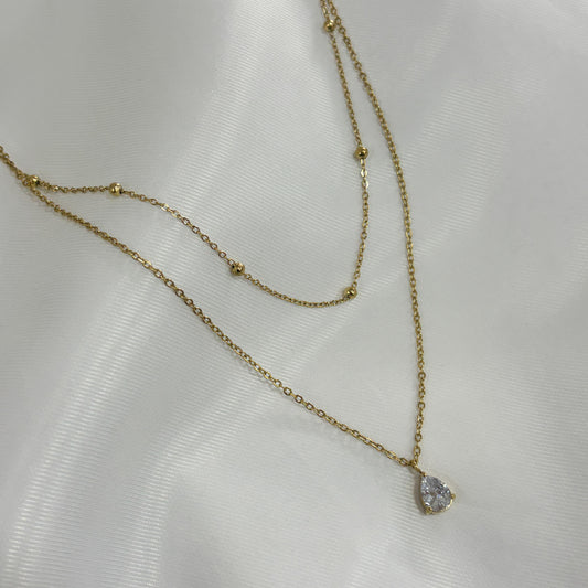 Collar doble acero inoxidable dorado bolitas zirconia gota