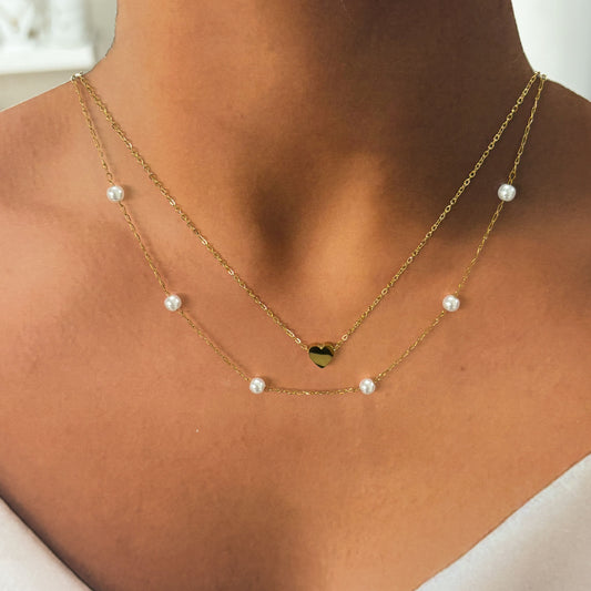 Collar doble acero inoxidable dorado perlas corazón