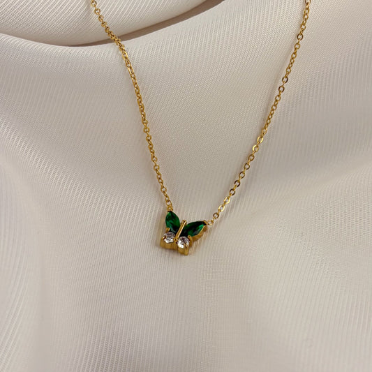 Collar acero inoxidable mariposa verde zirconias dorado