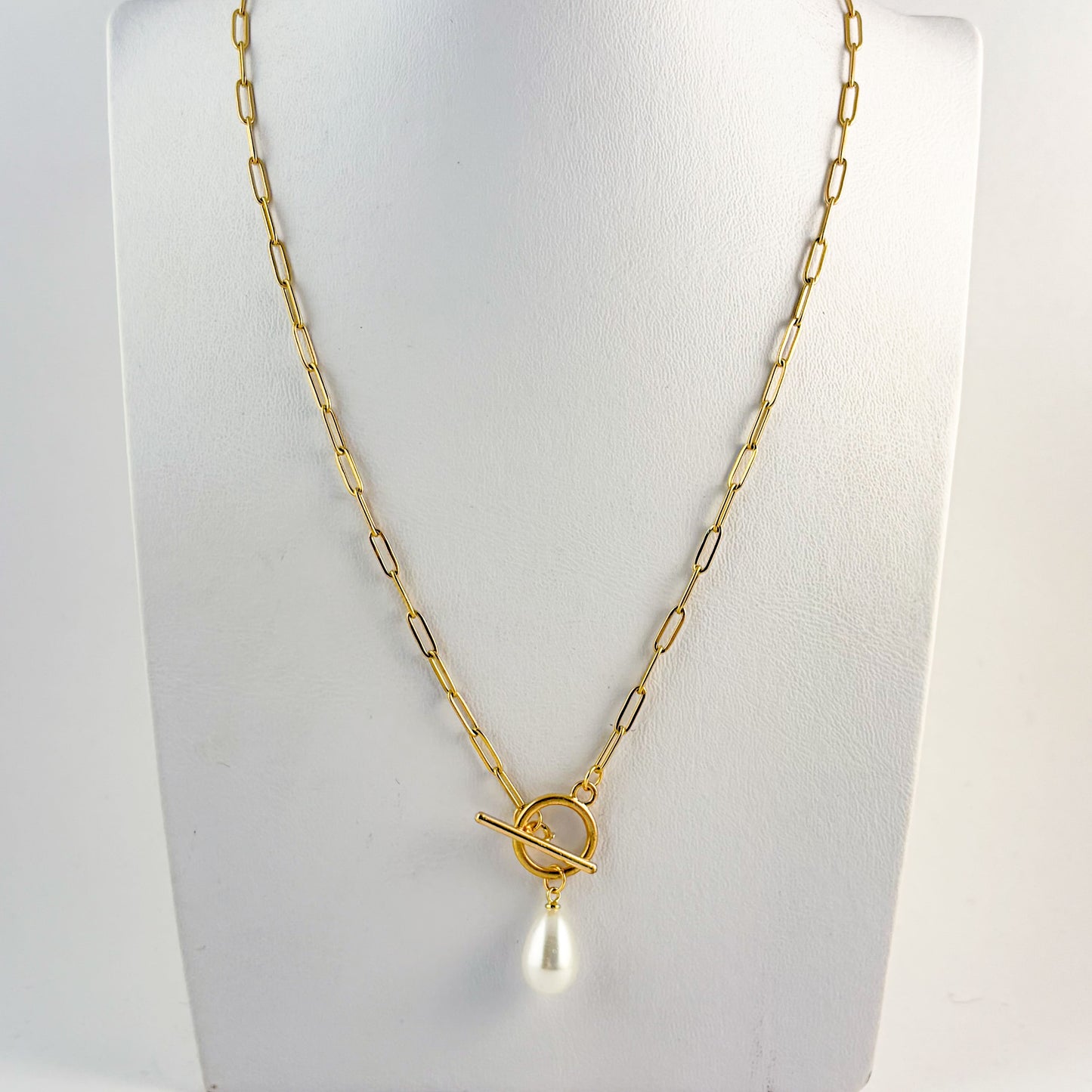 Collar cadena clip acero inoxidable dorado perla gota
