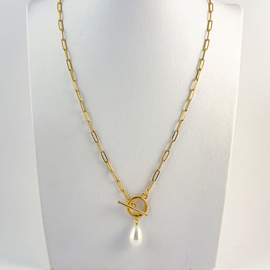 Collar cadena clip acero inoxidable dorado perla gota