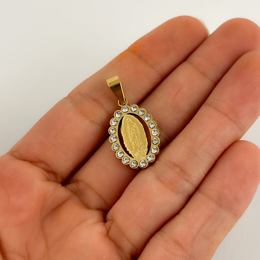 Medalla acero dorada zirconias contorno virgen de Guadalupe 2 cm