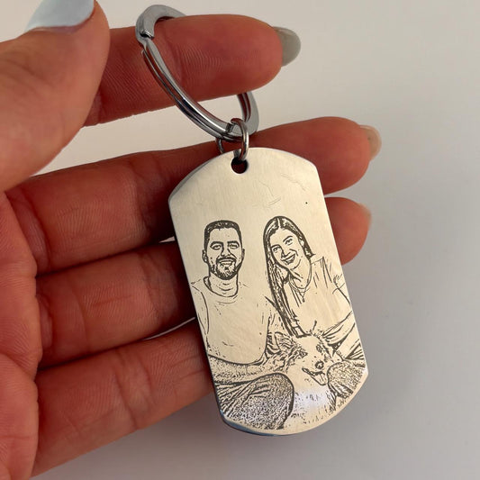 Llavero personalizado con foto y texto placa militar acero inoxidable
