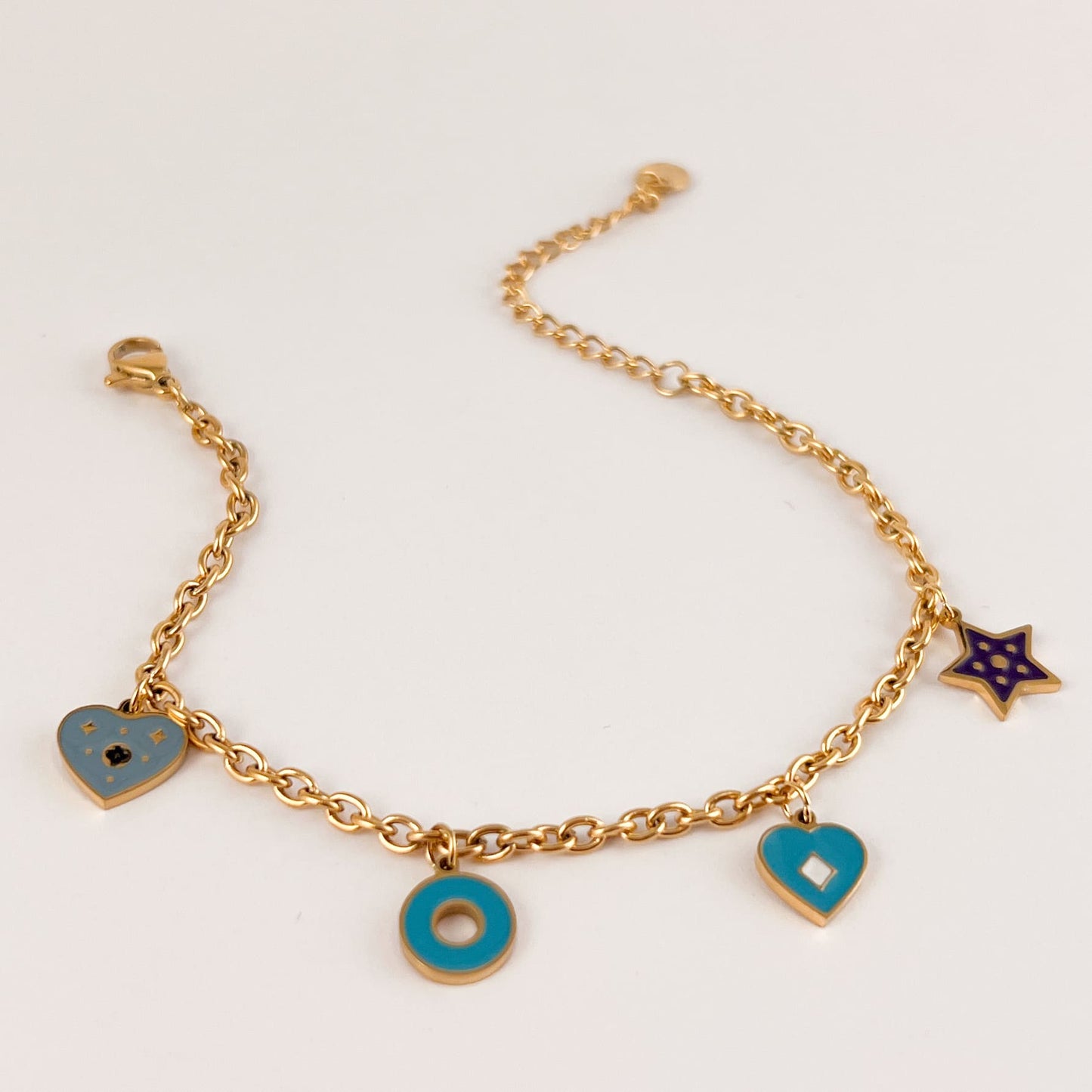 Pulsera acero inoxidable quirúrgico dijes estrellas y corazones esmalte azul