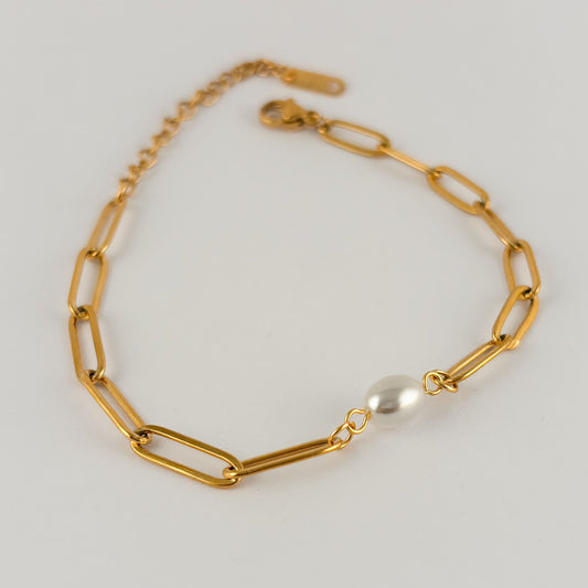 Pulsera acero inoxidable dorado cadena clip perla sintética