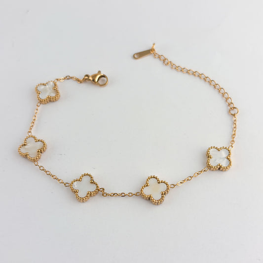 Pulsera trébol blanco acero inoxidable dorado chico