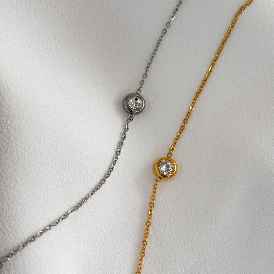 Pulsera acero inoxidable dorado cadena cristal redondo bisel redondeado 17 + 3 cm