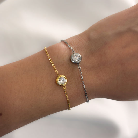 Pulsera acero inoxidable dorado cadena cristal redondo bisel redondeado 17 + 3 cm