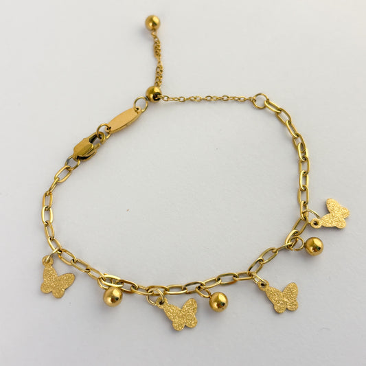 Pulsera acero inoxidable mariposas brillos dorado